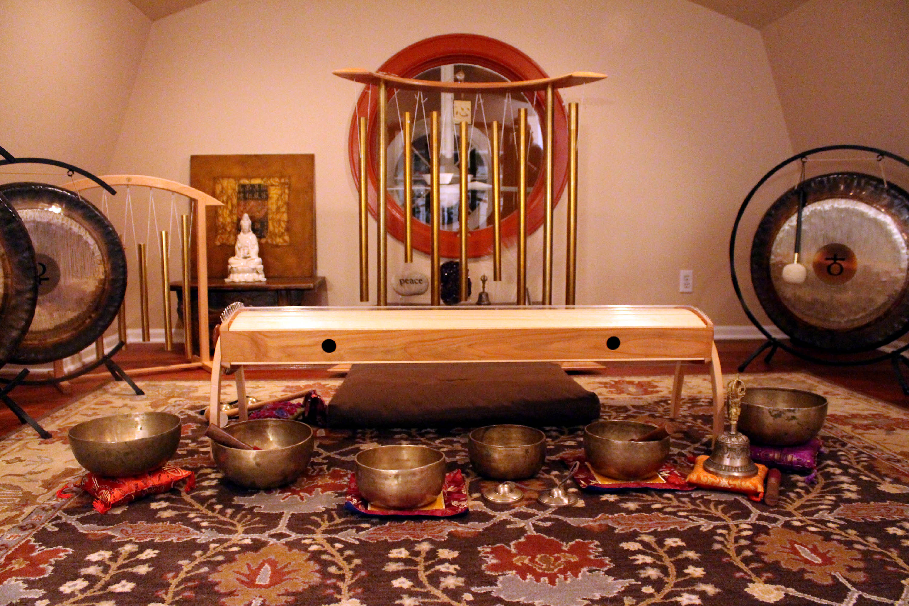 The Cloud Room, where Lee Ann Dzelzkalns leads her private sound journeys, surrounds the participant with her instruments.
Photo by: Stephanie Wezelman